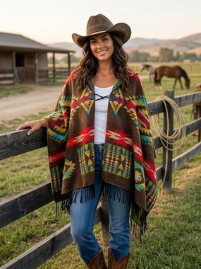 Aztec Print Winter Fall Cozy Classic Fringe Hem Hoodie Poncho One Size